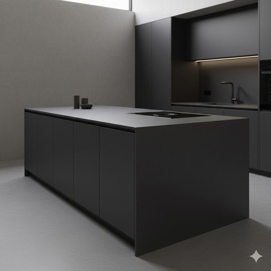 Matt charcoal Dekton worktop in a minimalist dark kitchen