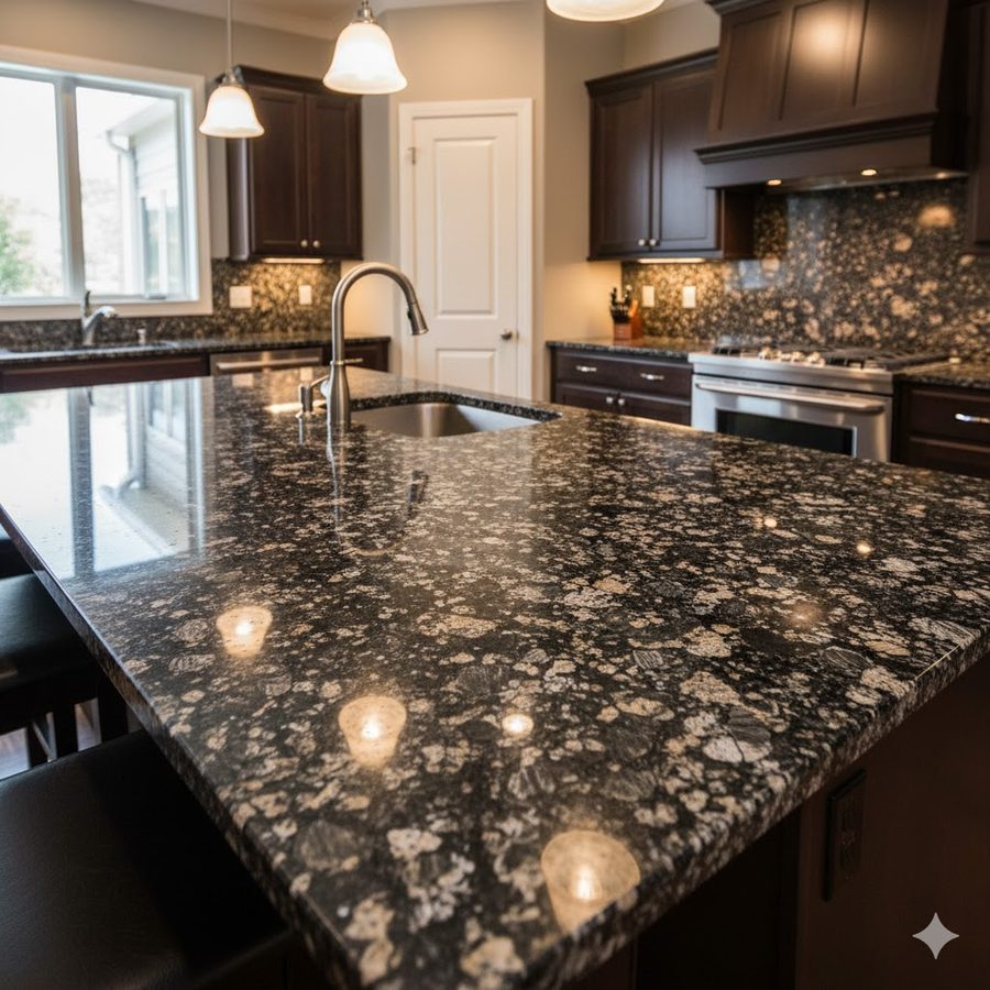 Speckled granite worktop on a kitchen island with dark units