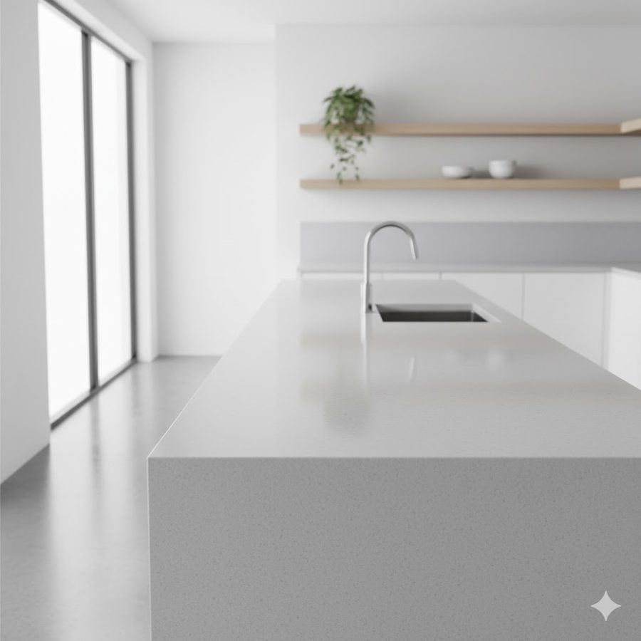 Quartz kitchen worktop and island in a bright modern kitchen